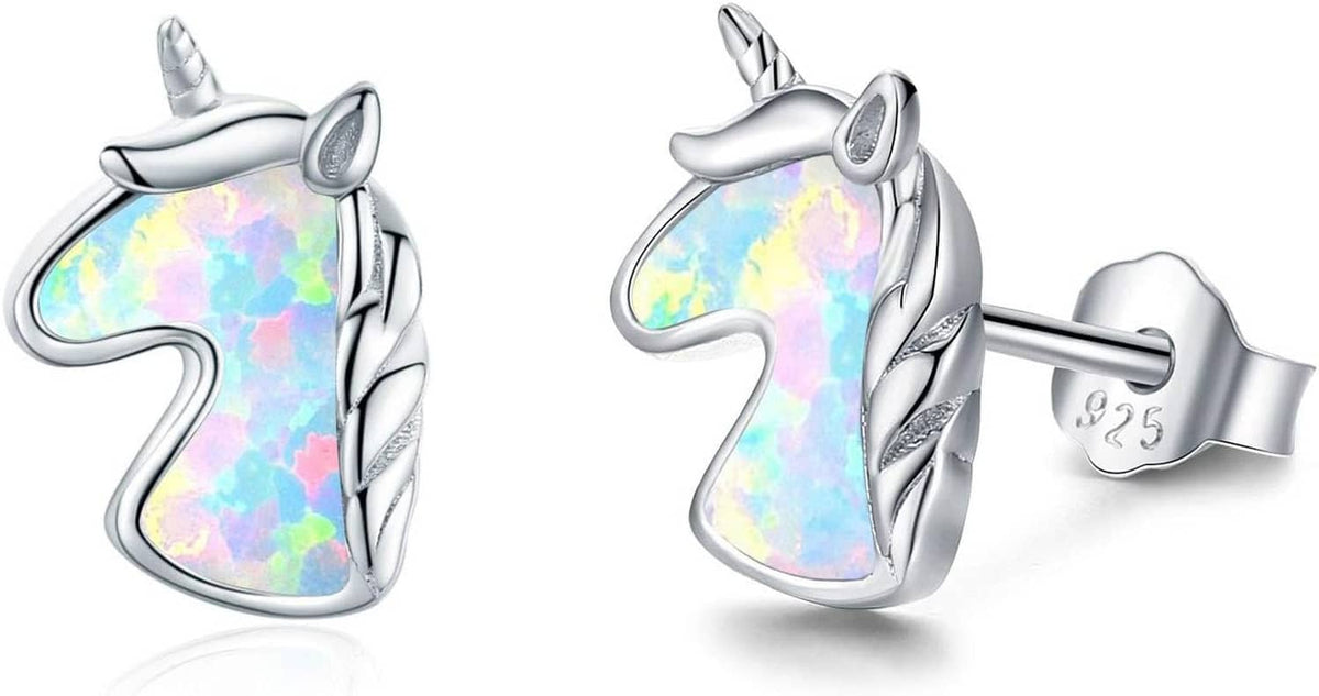 Pair of sterling silver unicorn stud earrings with iridescent opal-colored inlay