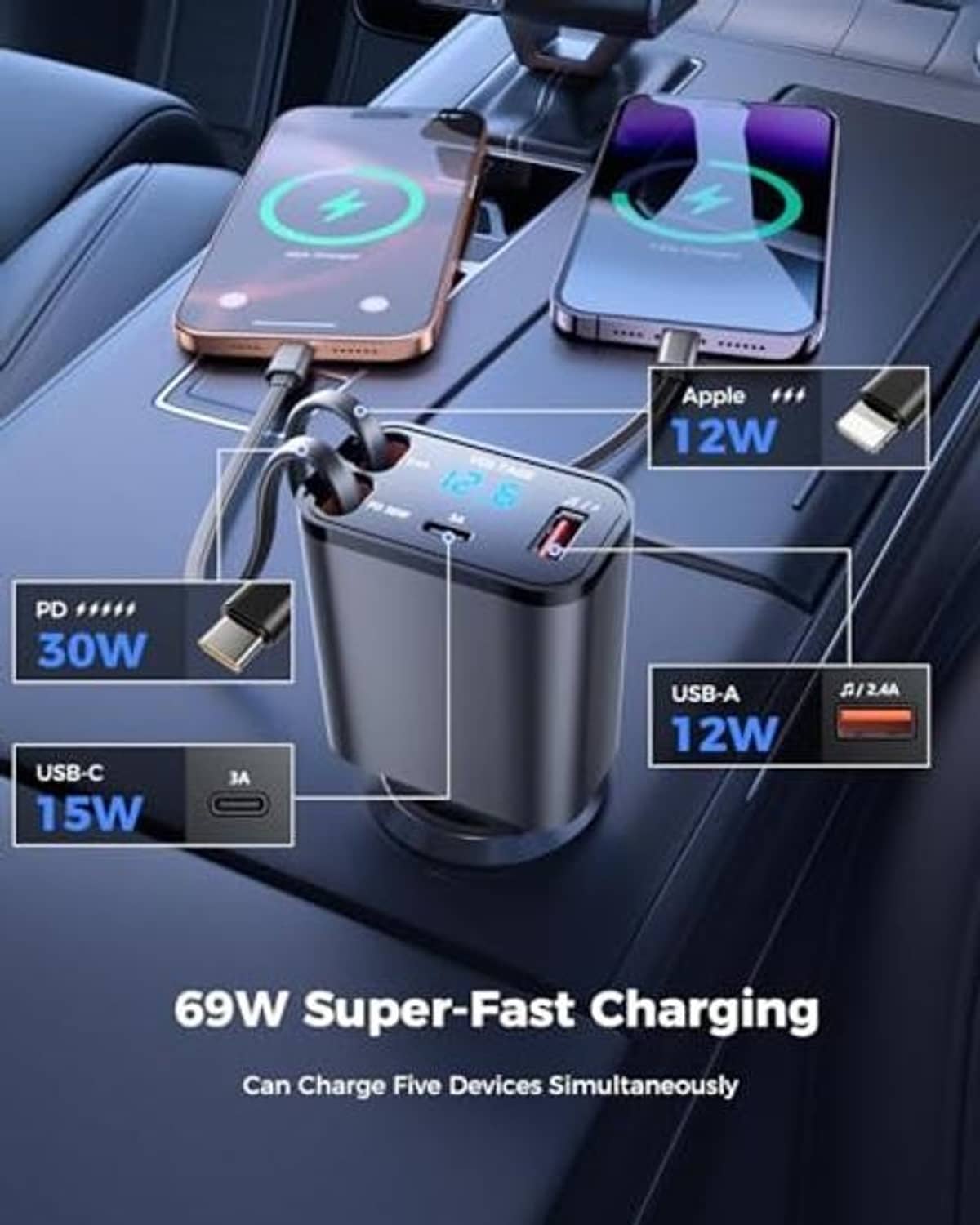 Compact car charging station with multiple USB ports for phones and devices