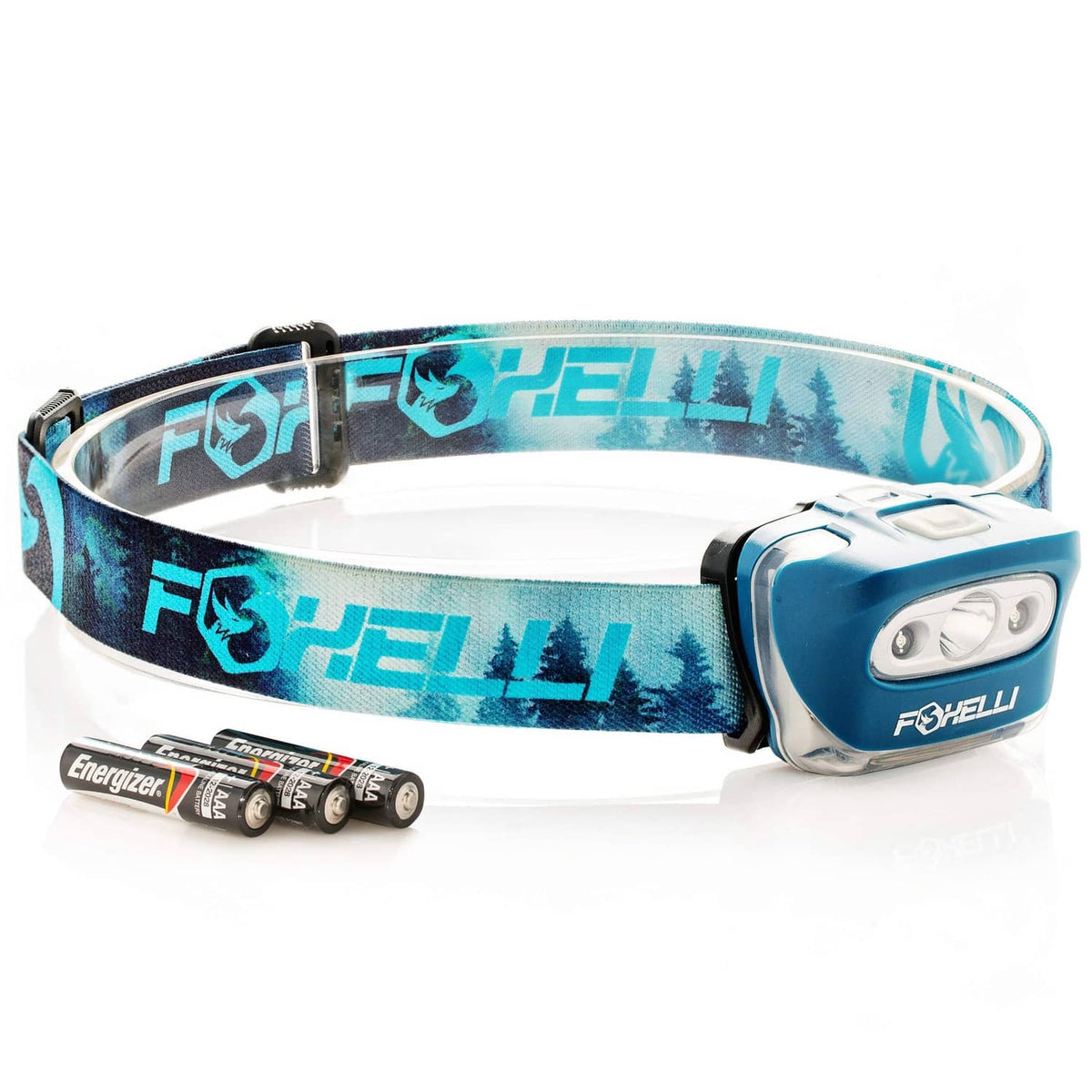 Foxelli LED headlamp with blue patterned elastic strap and front light module
