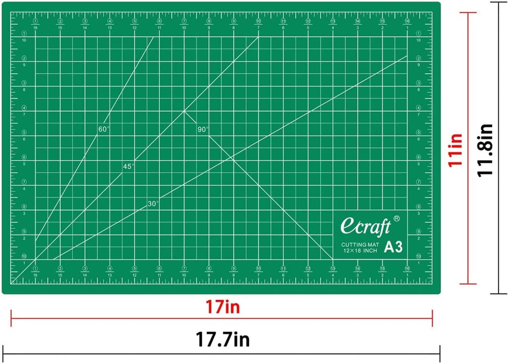 Green cutting mat with detailed grid, angle lines, and size dimensions on the surface