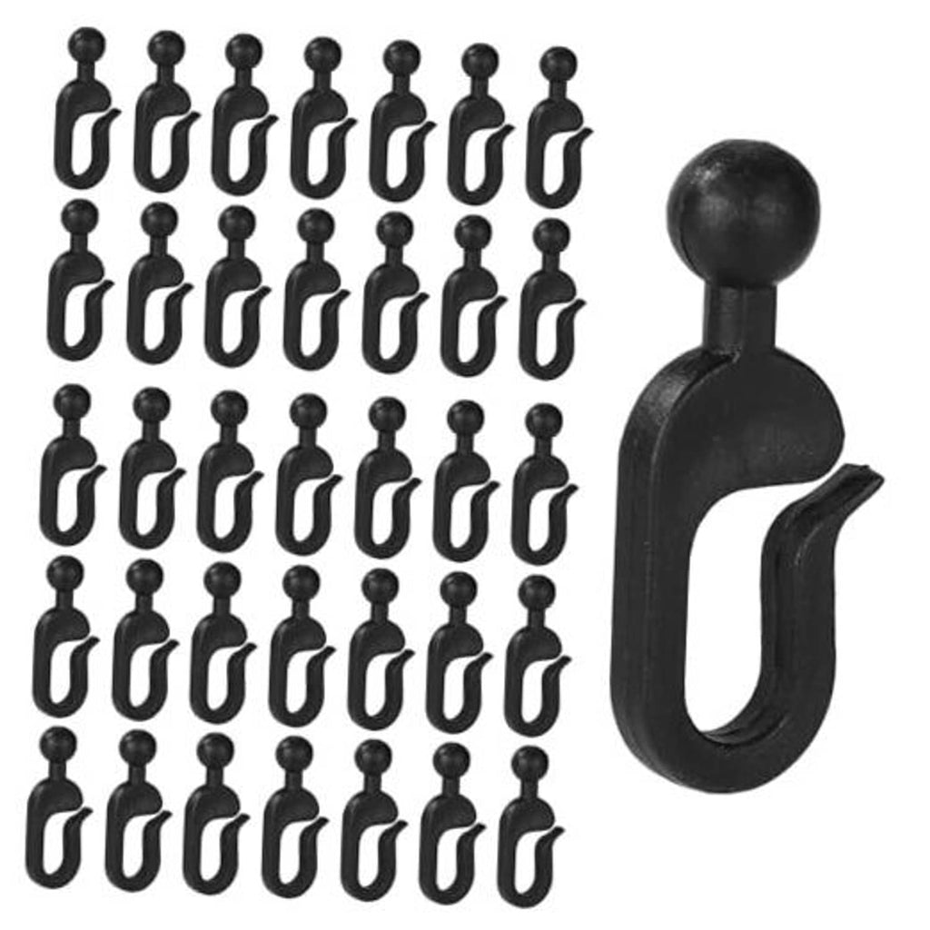 Set of black plastic curtain track hooks for gazebo curtains, multiple hooks shown