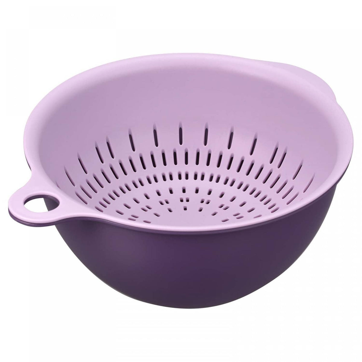 Small purple kitchen strainer colander bowl with perforated insert and side handle