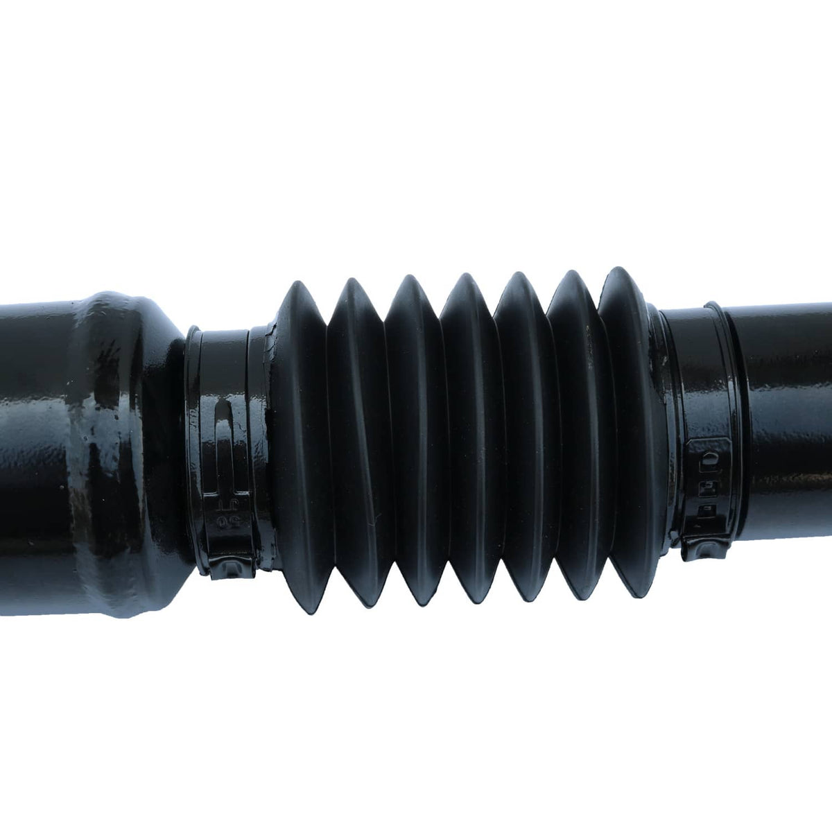 Front drive shaft with rubber CV boot and band clamps, black metal