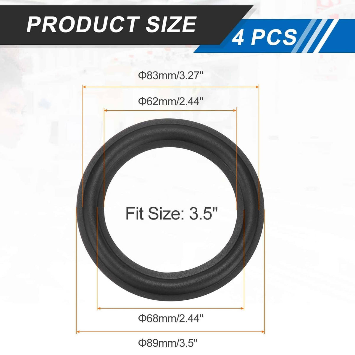 Black rubber speaker edge surround ring set with 3.5-inch fit size, circular