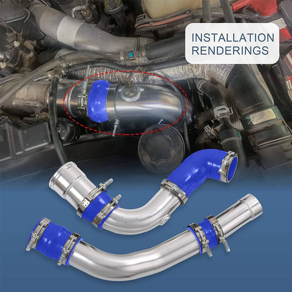 Engine bay intercooler pipe kit with blue silicone boots, polished tubes, and clamps