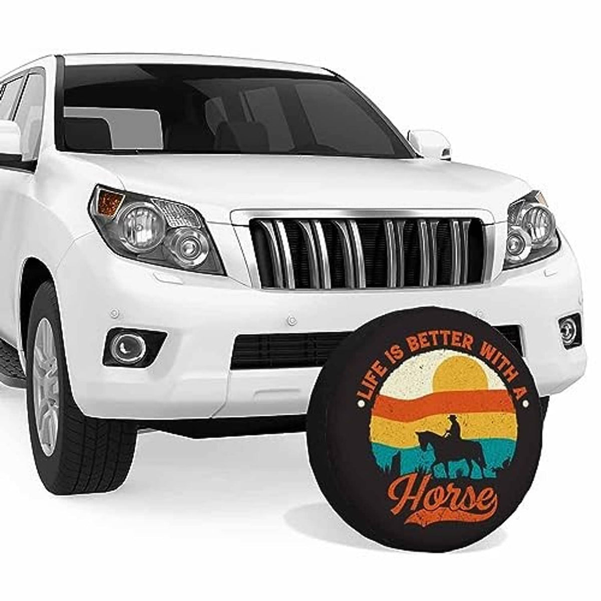 Horse graphic round spare tire cover mounted on the front of a white SUV