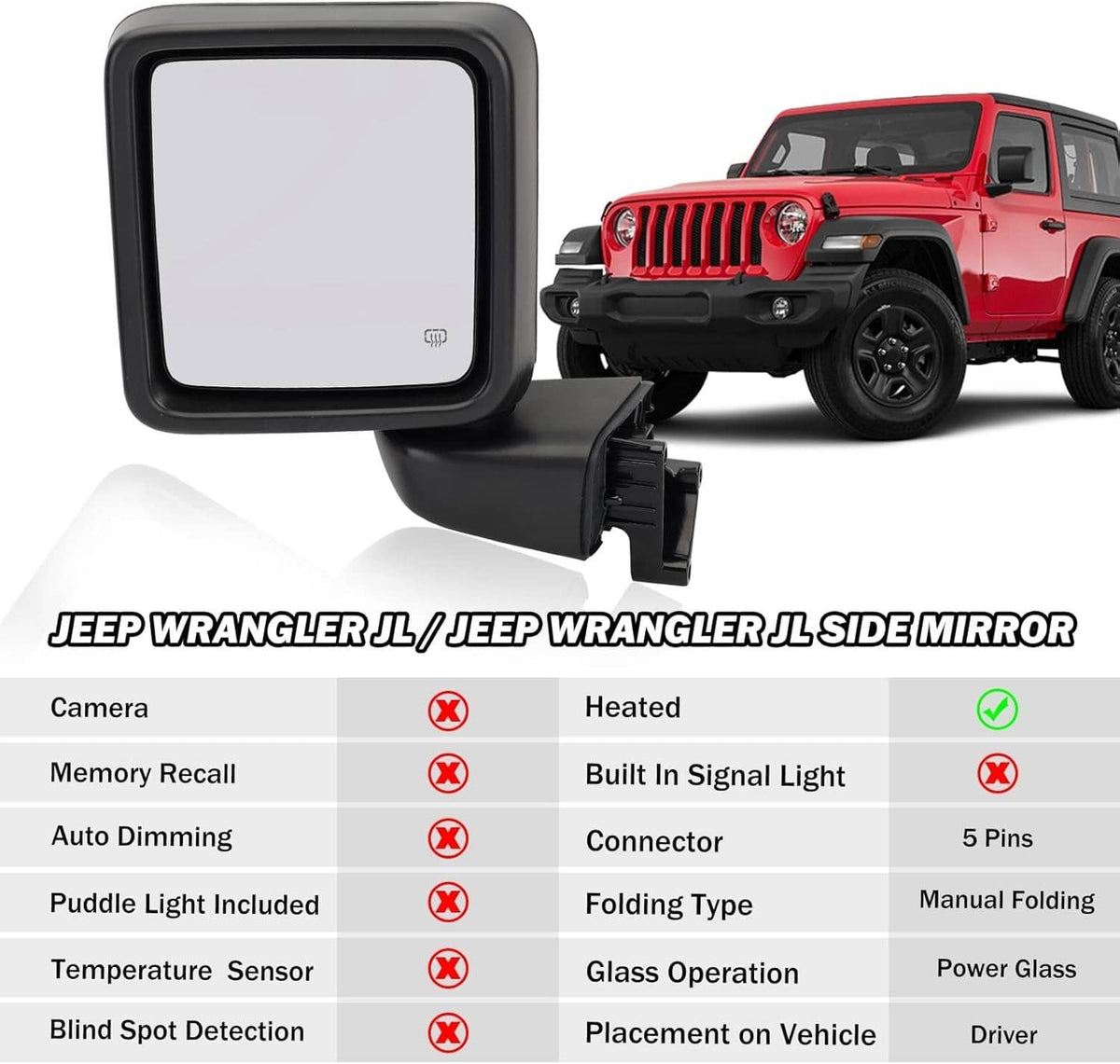 Black left power heated side mirror assembly with square glass opening
