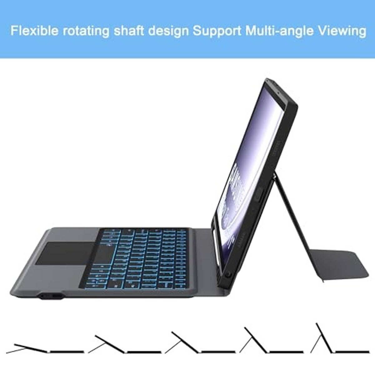 Tablet keyboard case with flexible rotating stand for multi-angle viewing