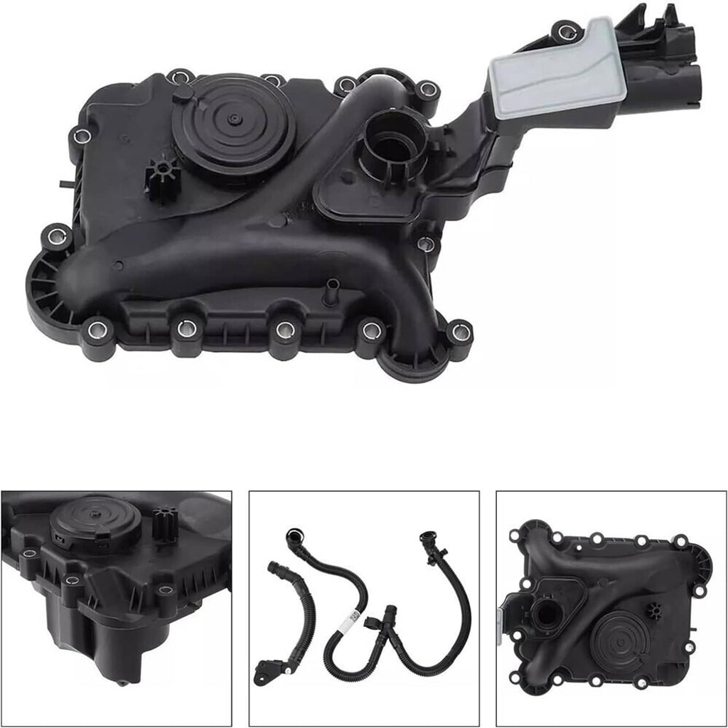 Oil separator housing with gray connector and black vent tube attachments
