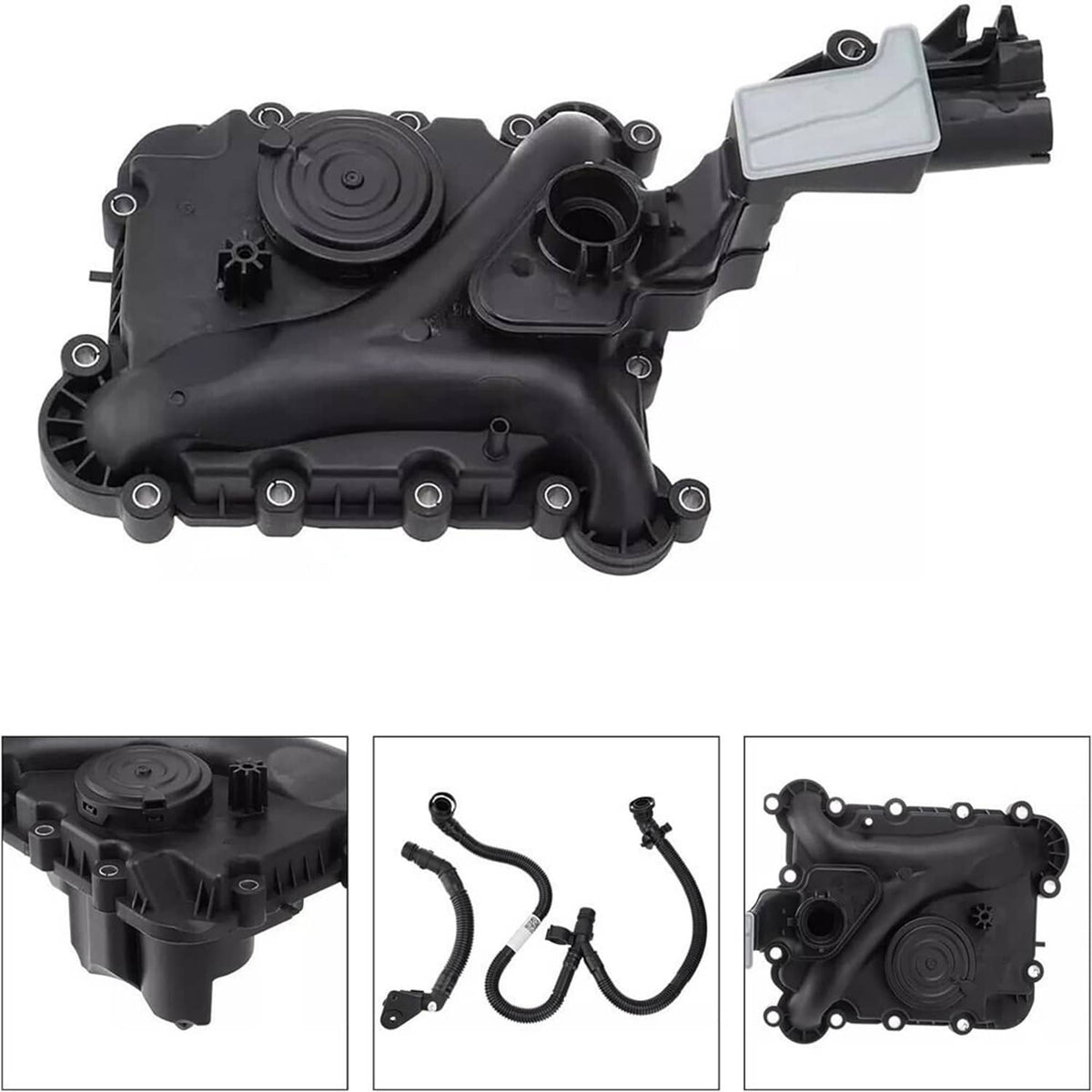 Oil separator housing with gray connector and black vent tube attachments