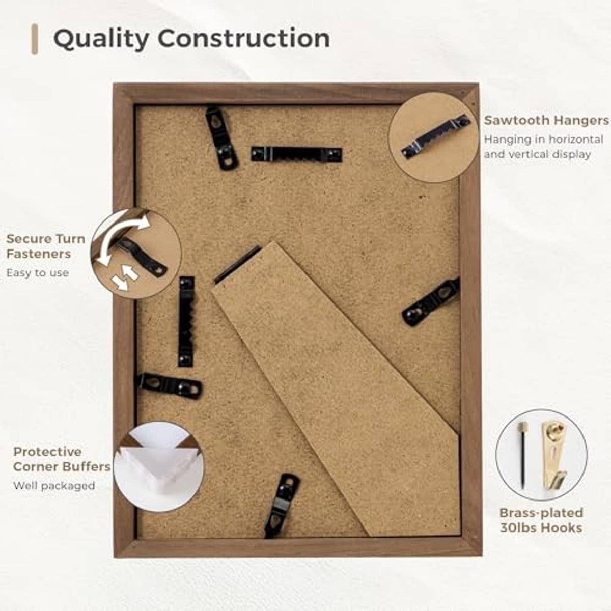 Back of walnut 6x8 picture frame with mounting hooks and protective corner bumpers