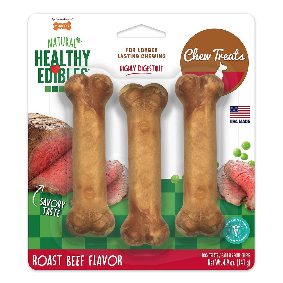 Roast beef flavored dog chew bone treats, Natural Healthy Edibles package front