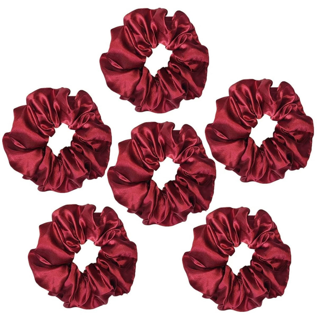 Collection of six wine red satin scrunchies with round gathered ruffle loops