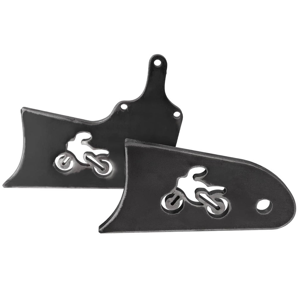 Two black extension tabs with bicycle icon cutouts and bolt holes, angled view