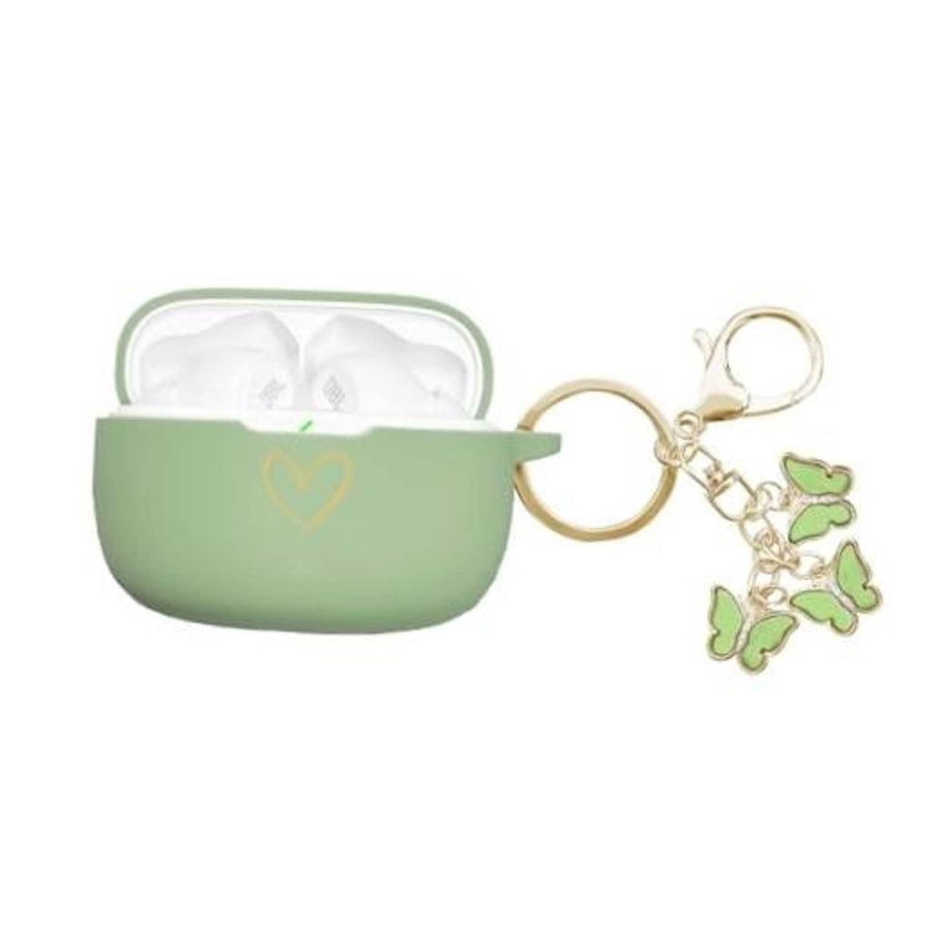 Soft matcha green silicone earbud case cover with keychain loop and butterfly charms