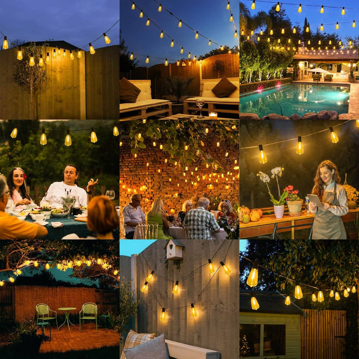 Outdoor patio string lights with warm amber Edison-style bulbs on black wire