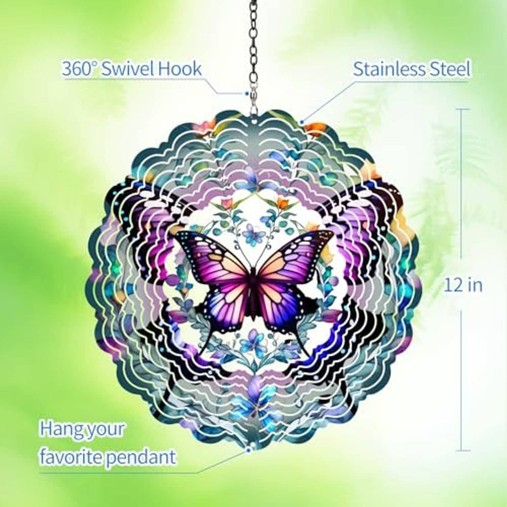 Butterfly wind spinner pendant with stainless-steel chain and multicolor butterfly center