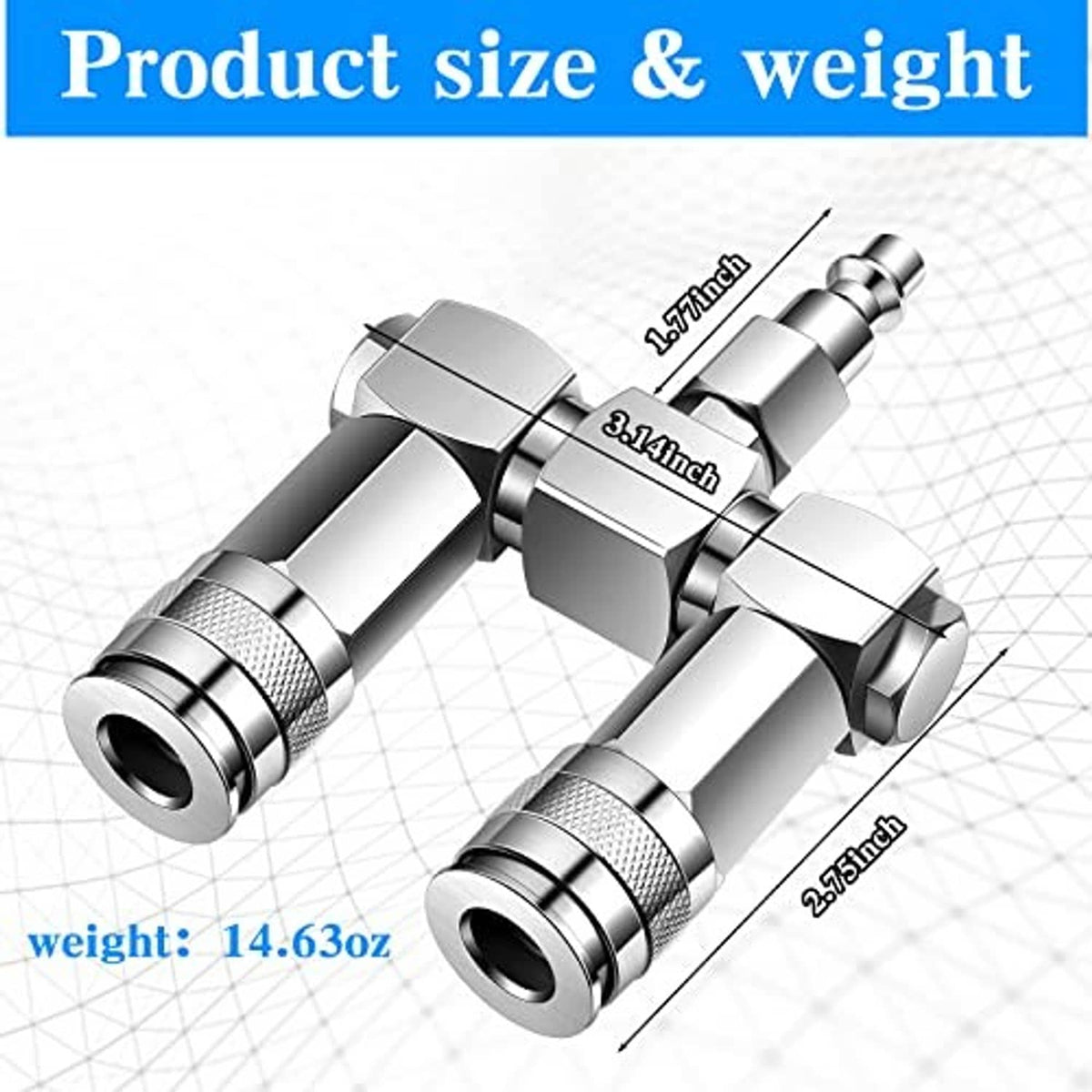 Compact 2-way air hose splitter fitting with 1/4 in NPT threaded ends, metal