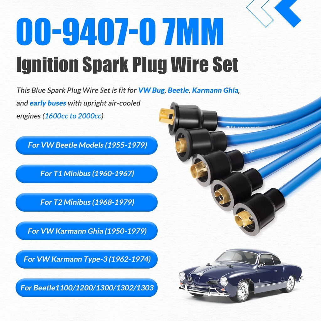 Ignition spark plug wire set with blue 7mm wires and black distributor-cap boots
