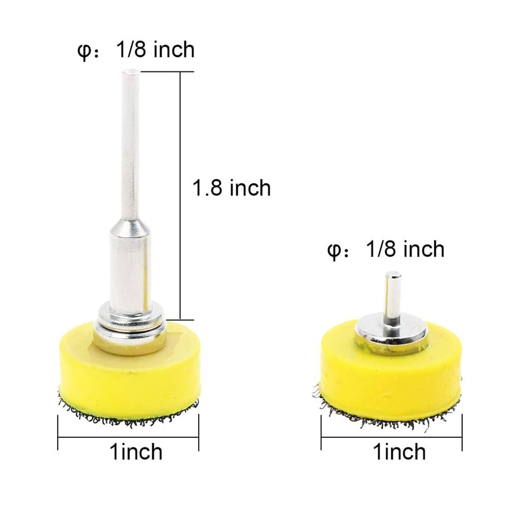 Sanding mandrel with yellow 1-inch pad: 1/8-inch shaft and 1.8-inch height diagram