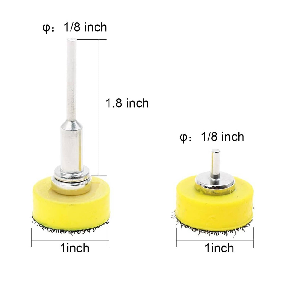 Sanding mandrel with yellow 1-inch pad: 1/8-inch shaft and 1.8-inch height diagram