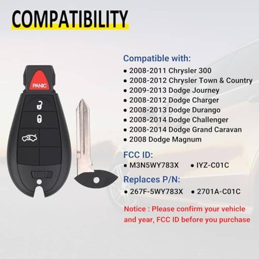 Black key fob remote with red PANIC button and attached metal key blade
