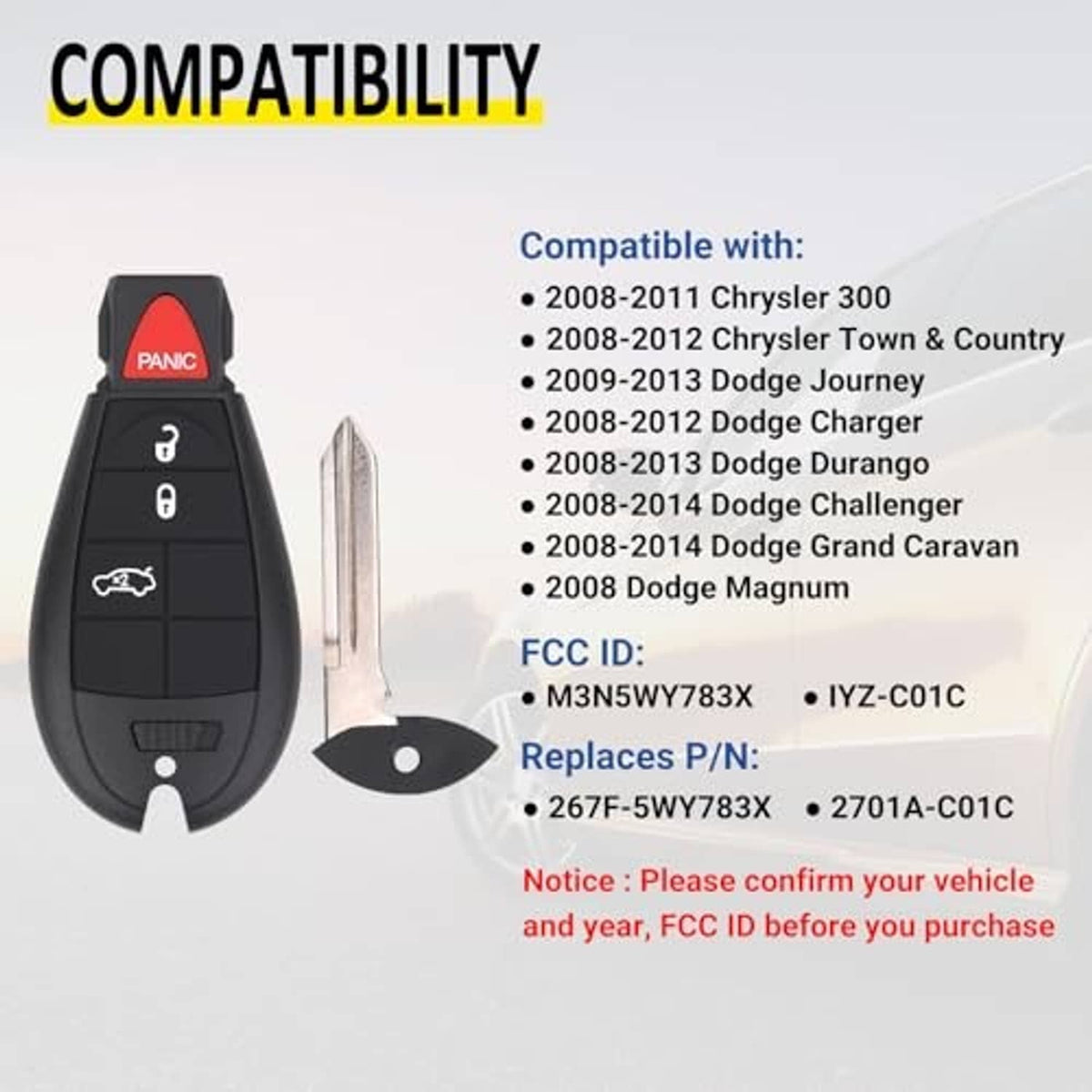 Black key fob remote with red PANIC button and attached metal key blade