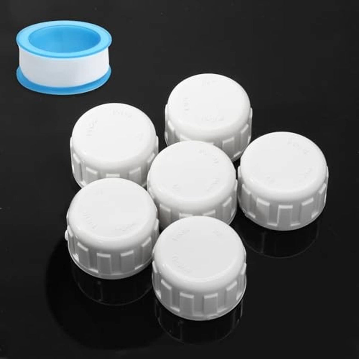 Set of 6 white PVC pipe end cap fittings with ridged tops
