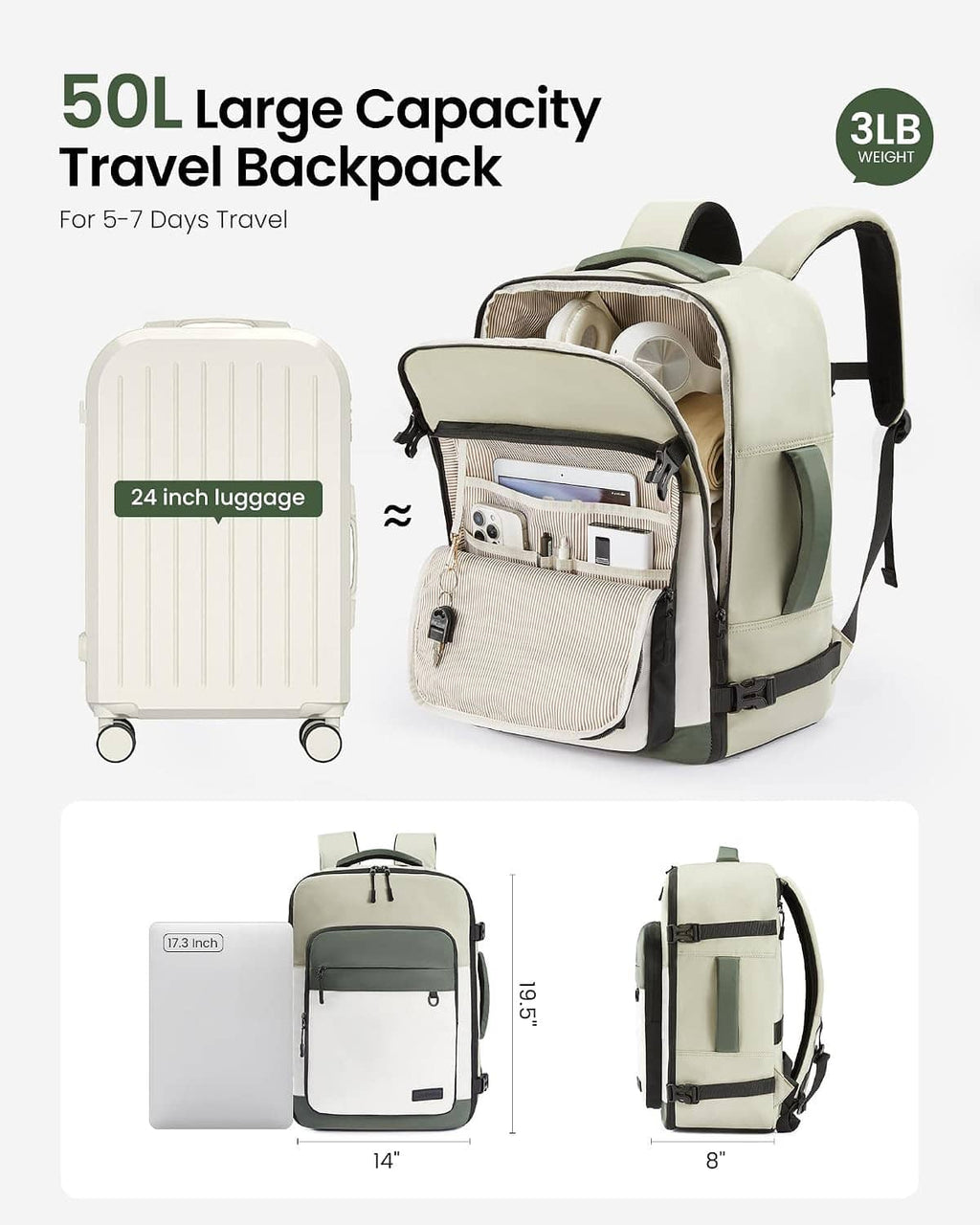 Olive and cream large-capacity travel backpack shown open and from multiple angles
