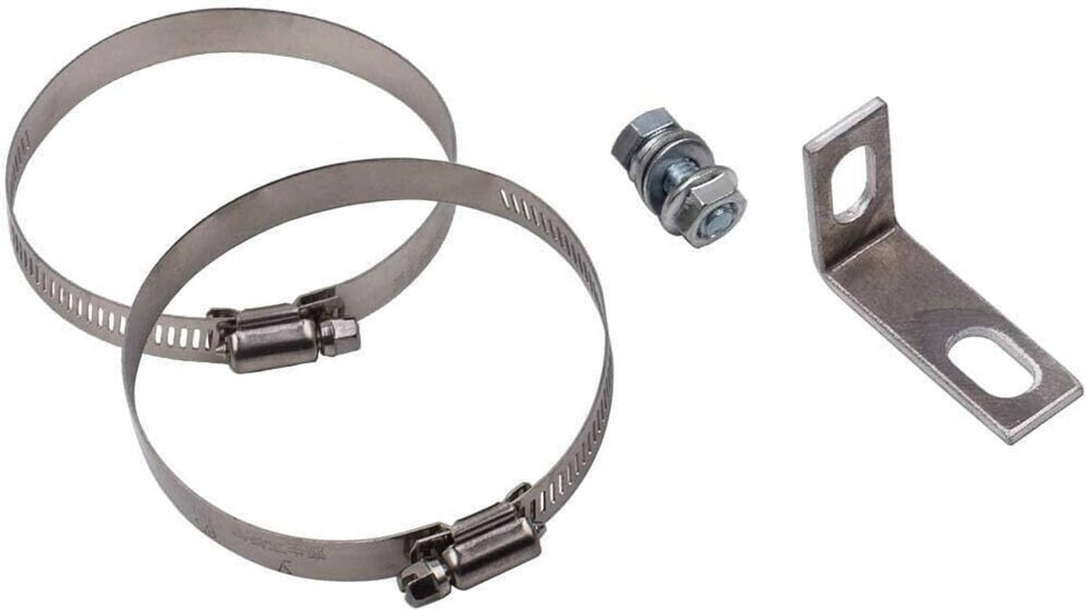Stainless steel hose clamps and mounting bracket for intake elbow tube pipe.
