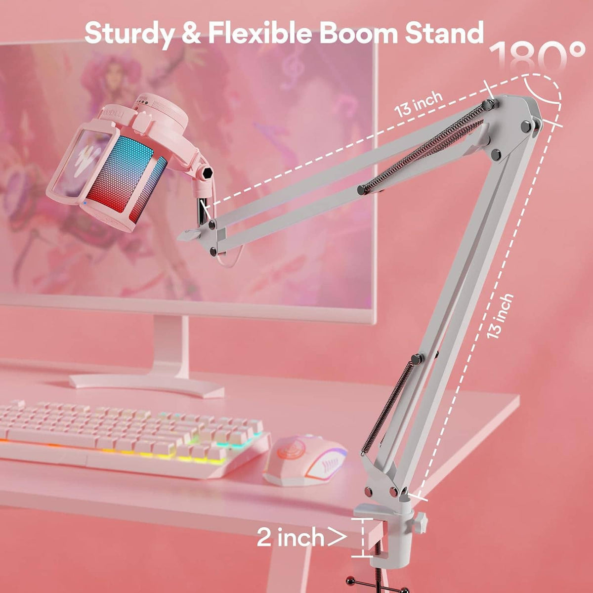 Pink microphone mounted on sturdy flexible boom arm with clamp stand