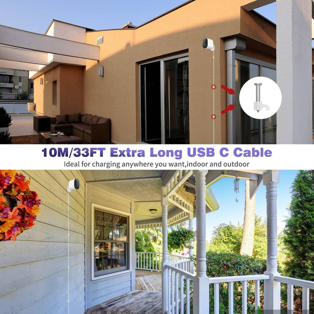 Extra long white USB-A to USB-C cable for outdoor charging setup with surveillance camera