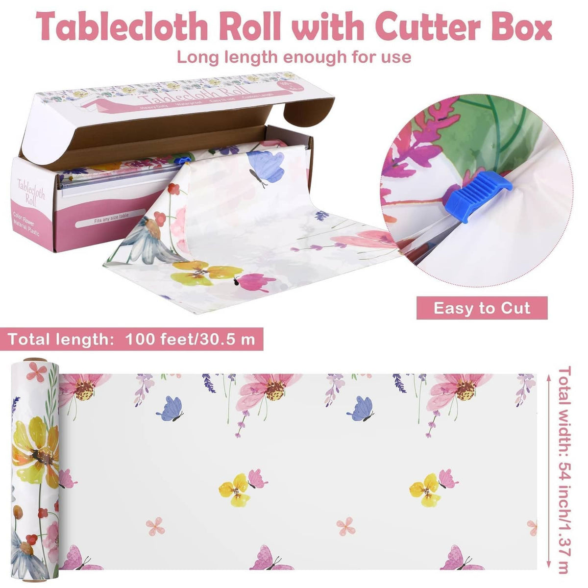 Spring floral tablecloth roll with cuttable box insert, white base with colorful butterfly pattern