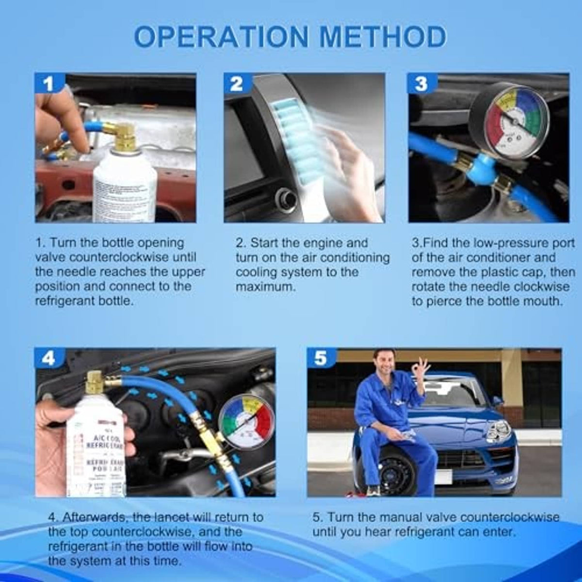 AC refrigerant charge hose with pressure gauge in engine bay, blue tubing