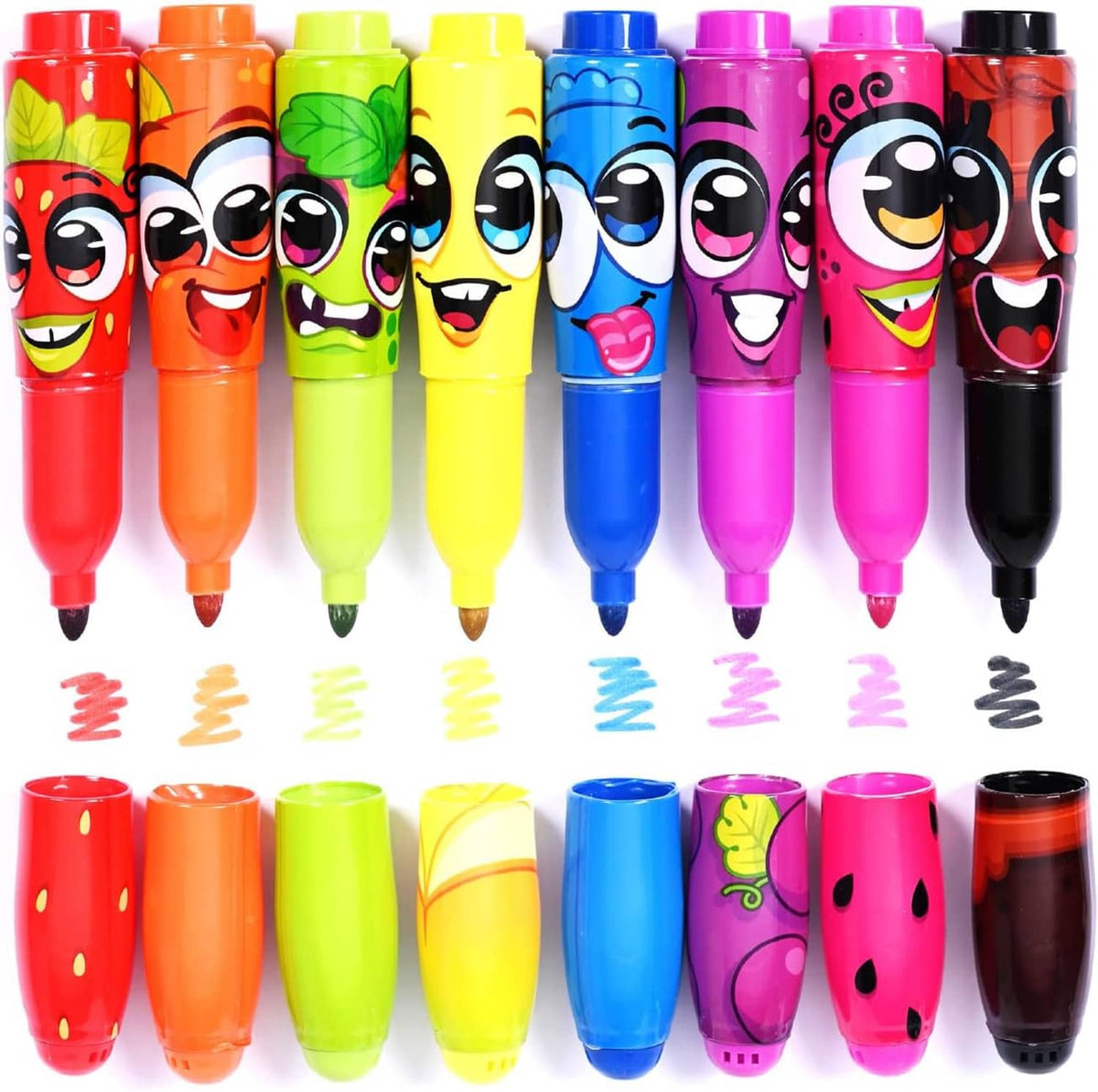 8 scented jumbo markers with thick tips, fruit-themed barrel colors and cartoon faces