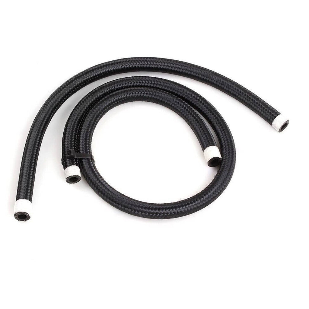 Pair of black braided fuel hoses with short metal connector ends