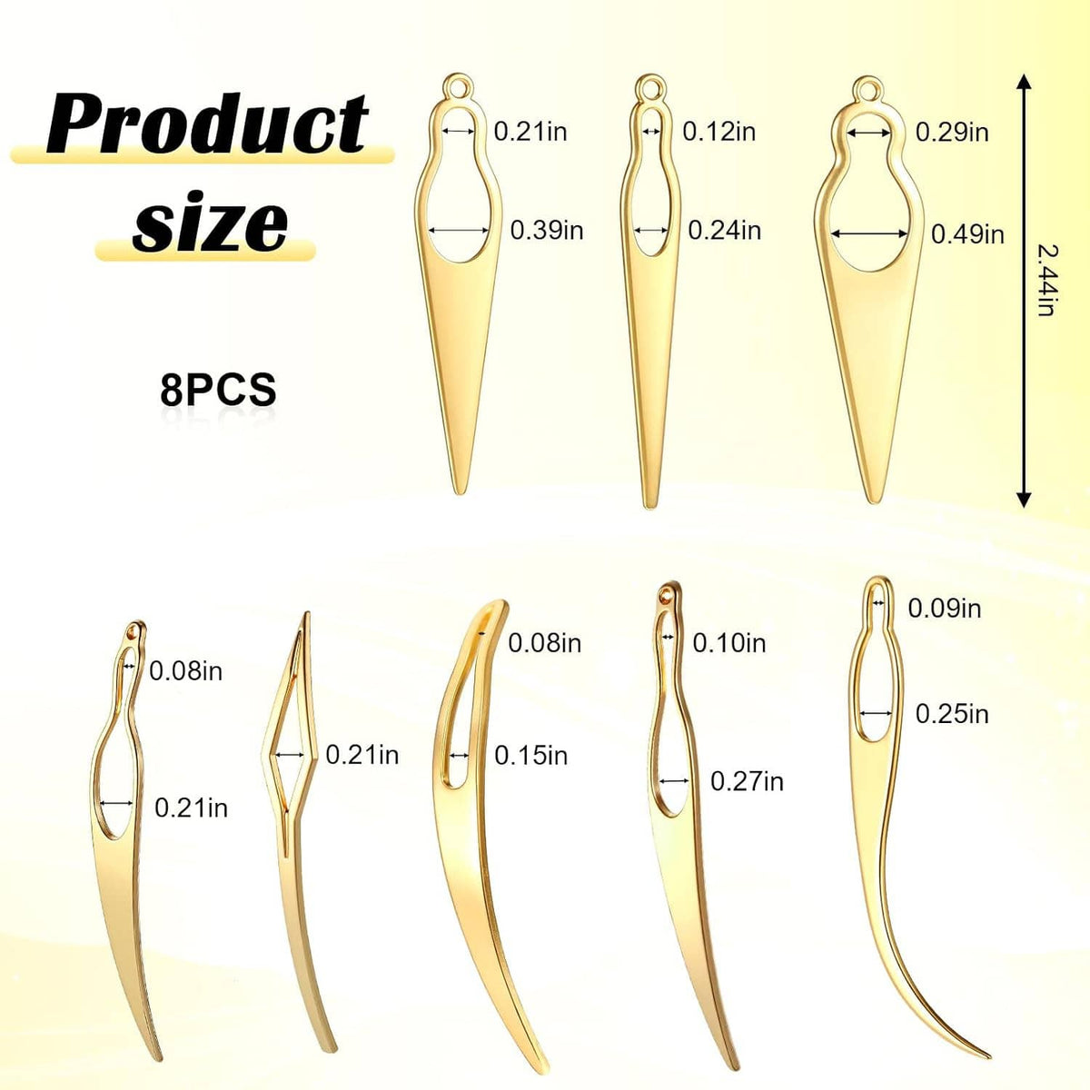 Eight gold crochet needles with varied lengths, for interlocking and crocheting locs