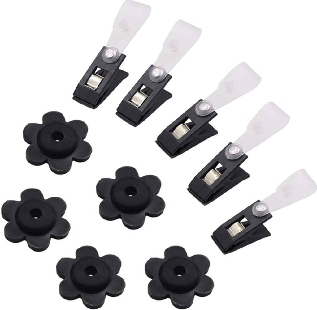 Multiple adjustable flag clips and black flower-shaped rubber stoppers