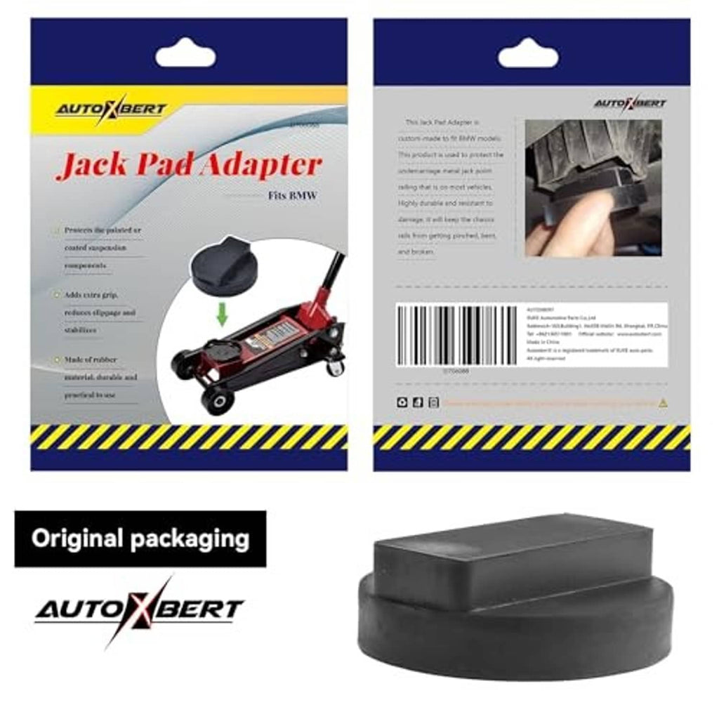 Rubber jack pad adaptor product packaging with black rubber adapter shown