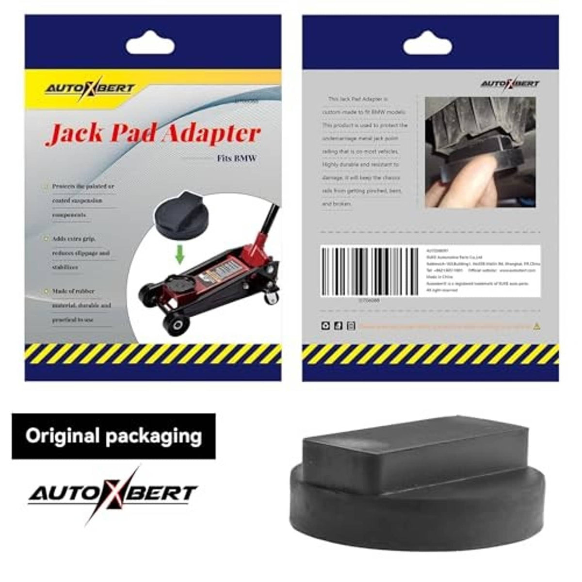 Rubber jack pad adaptor product packaging with black rubber adapter shown