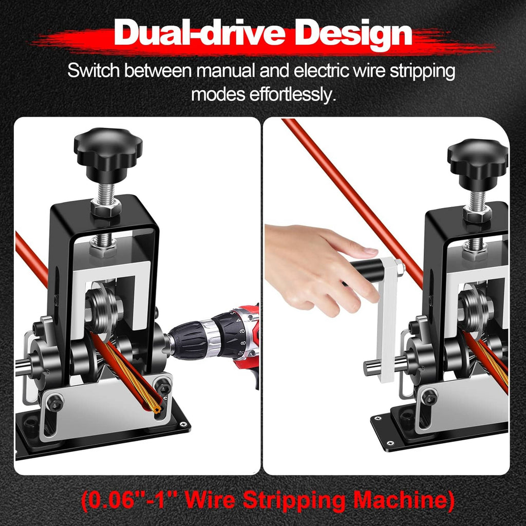 Manual wire stripping machine showing manual and electric drill operating modes
