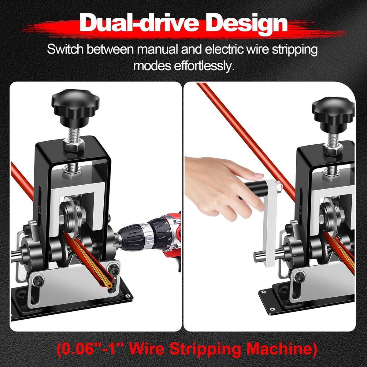 Manual wire stripping machine showing manual and electric drill operating modes