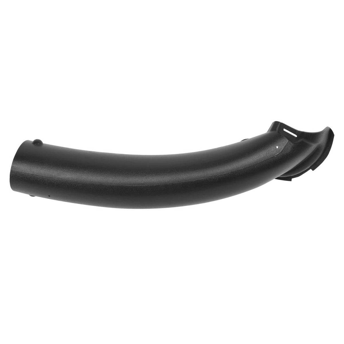 Black curved chute with smooth bend and side bracket on one end