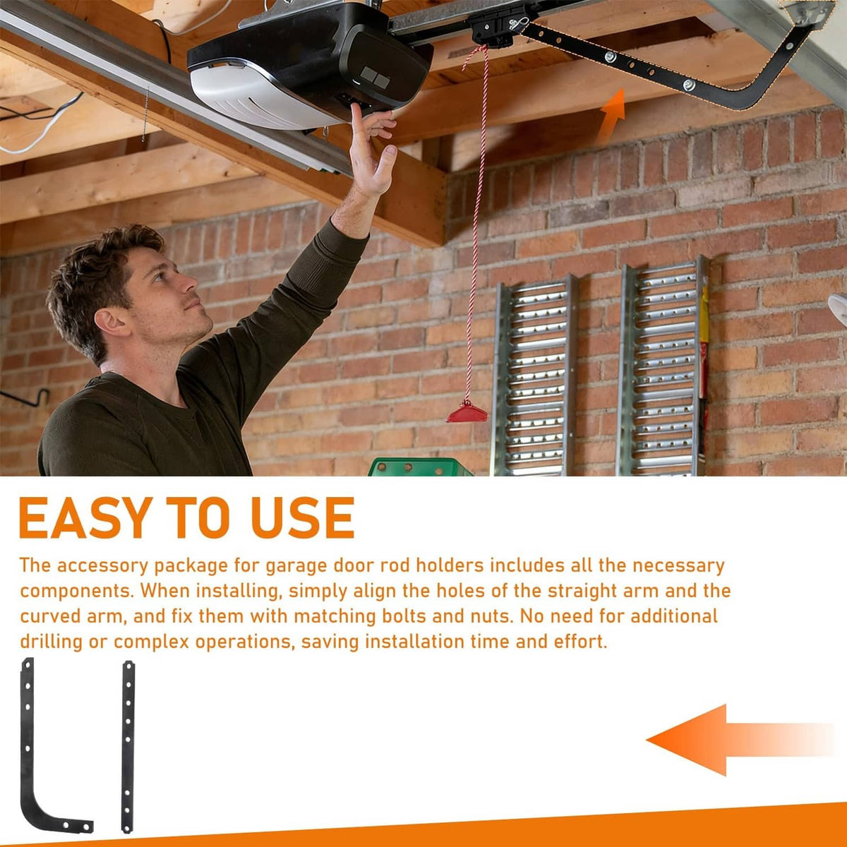 Garage door opener arm brackets with mounting holes and included screw, nut, and pin set