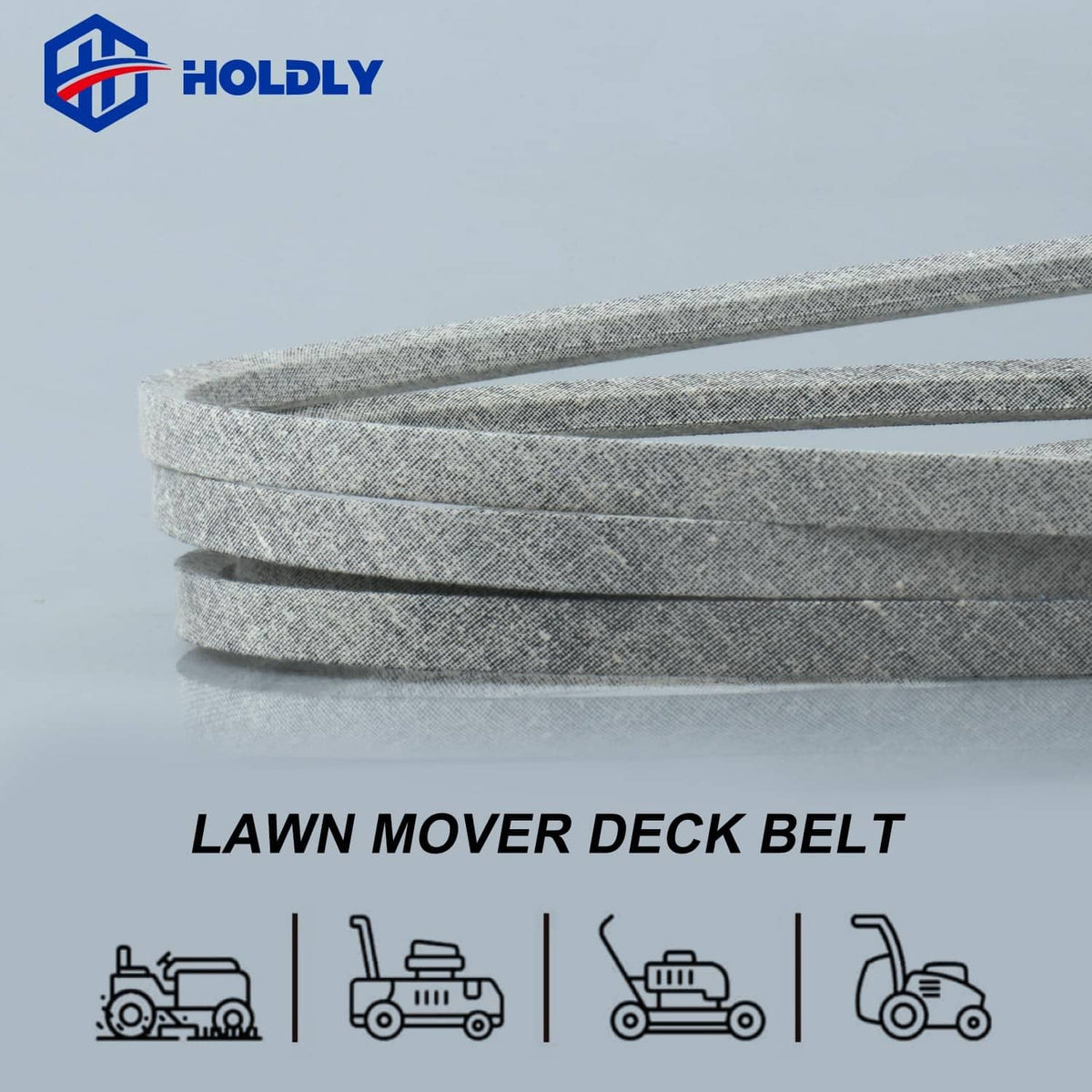 Gray speckled deck belt stacked in layers; HOLDLY logo above.