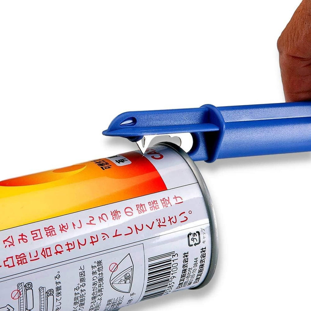 Blue puncture tool with metal tip aimed at orange gas canister