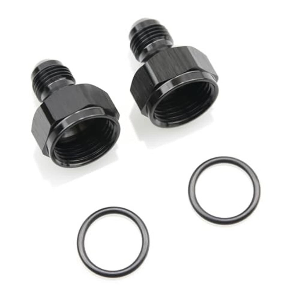 Two aluminum AN reducer adapters with two black O-rings and hex threaded ends