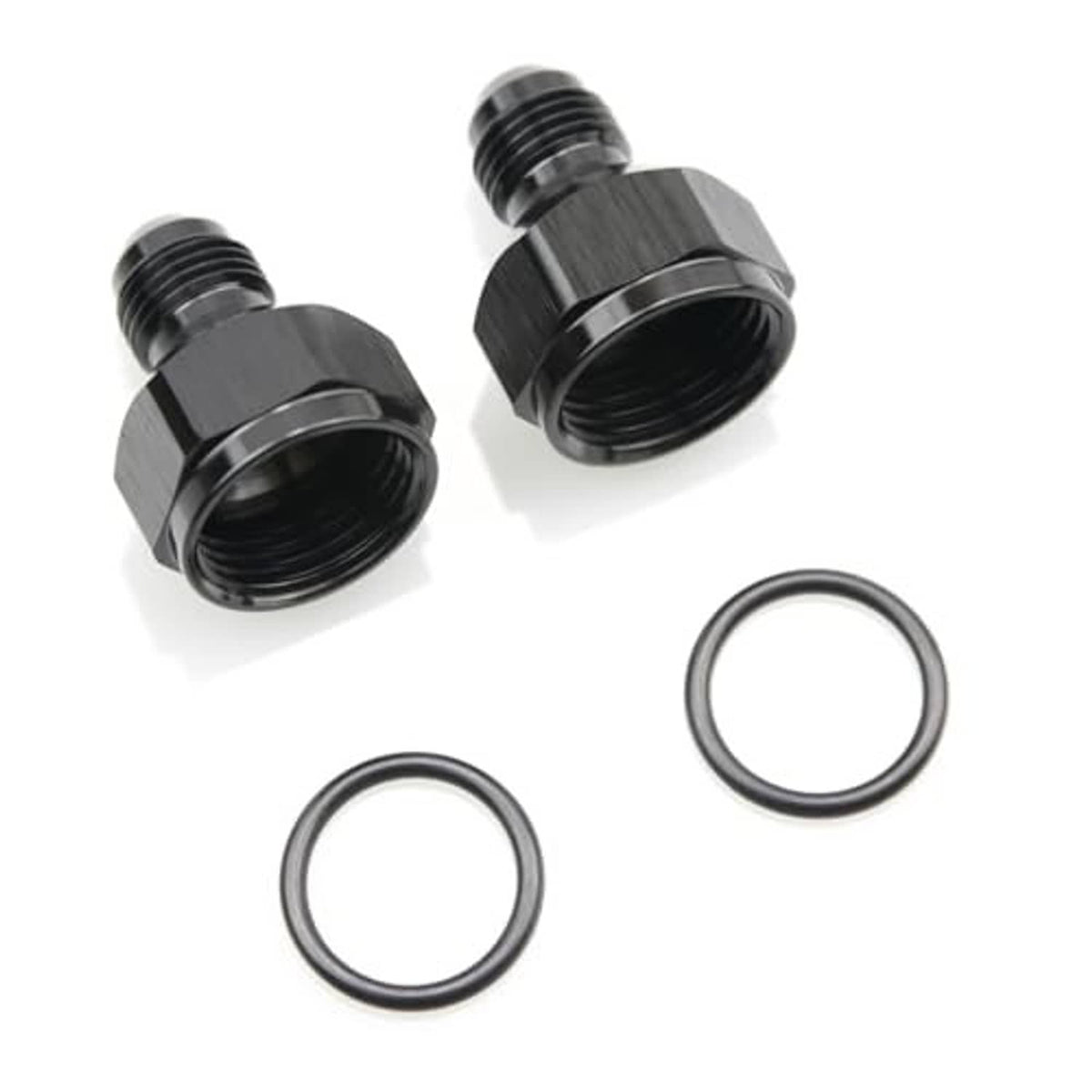 Two aluminum AN reducer adapters with two black O-rings and hex threaded ends