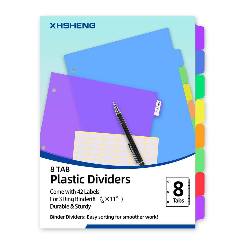 XHSHENG 8-tab plastic binder dividers pack with purple and blue divider sheets