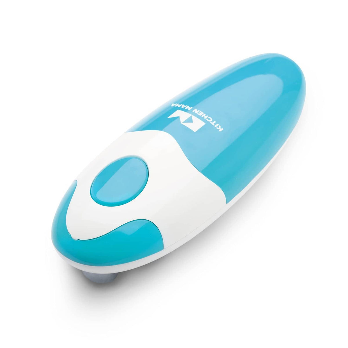 Kitchen Mama auto can opener in sky blue and white, oval handheld design.